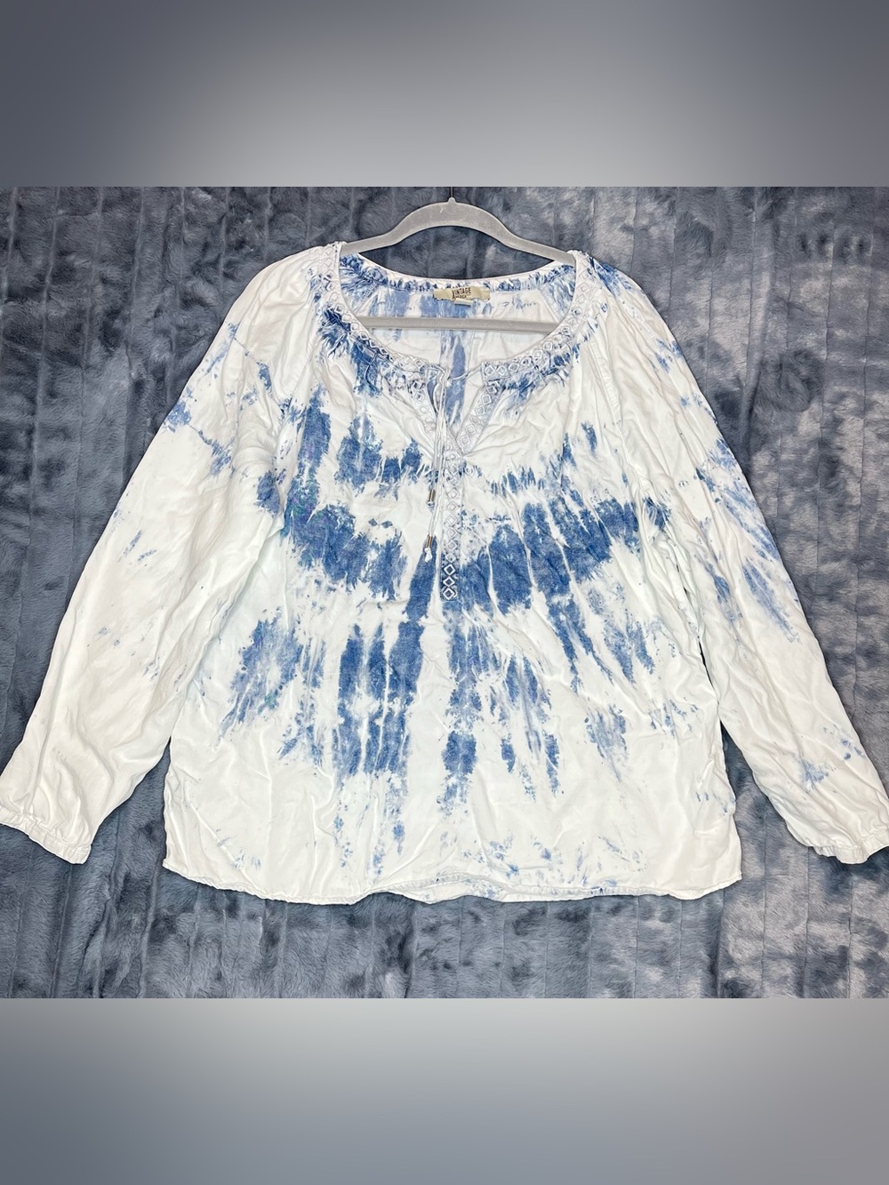 Vintage America Blues Women’s Large Boho Tie Dye Peasant Blouse Embroidered